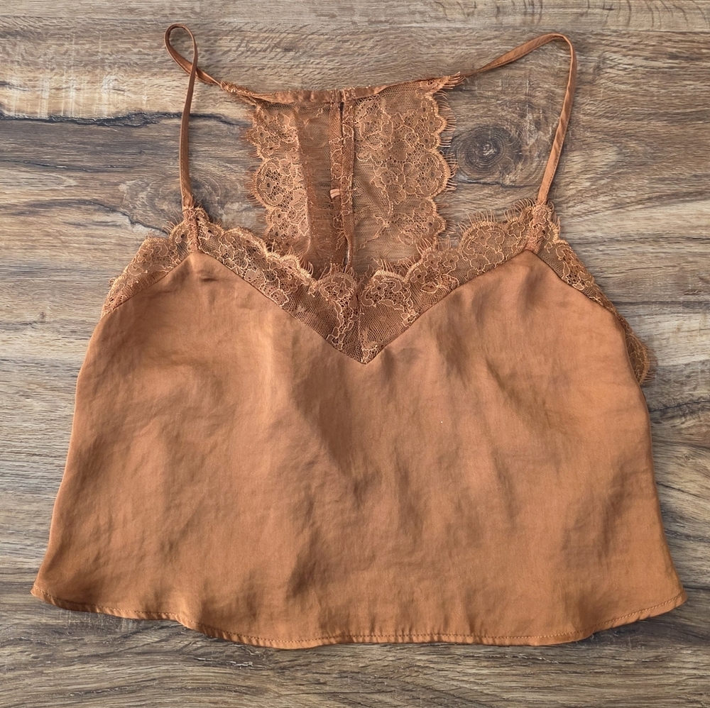 Free People Rust Orange Satin Lace-Trim Cropped Cami - Picture 3 of 6
